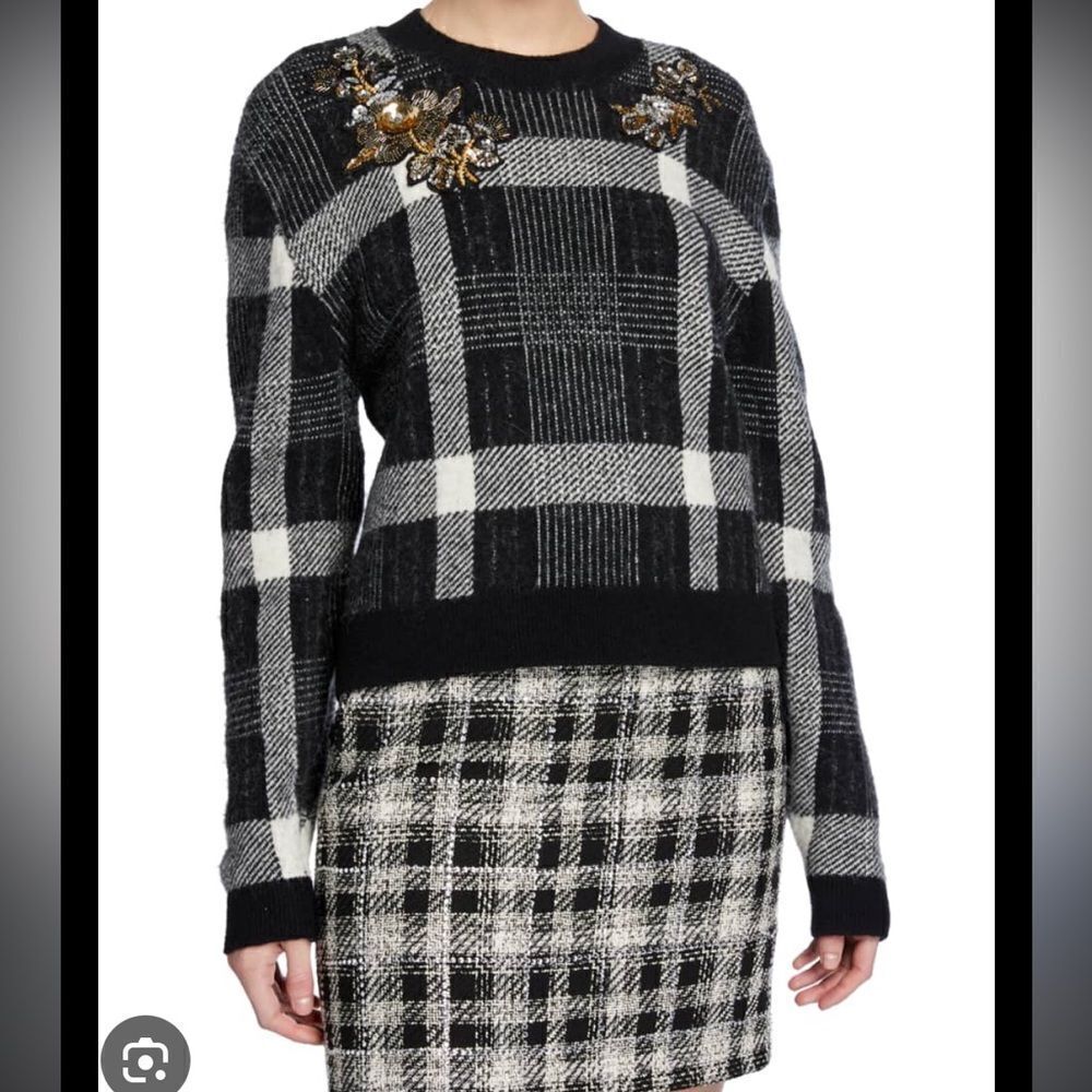 Veronica Beard Deana Embellished Plaid Crew Neck Sweater